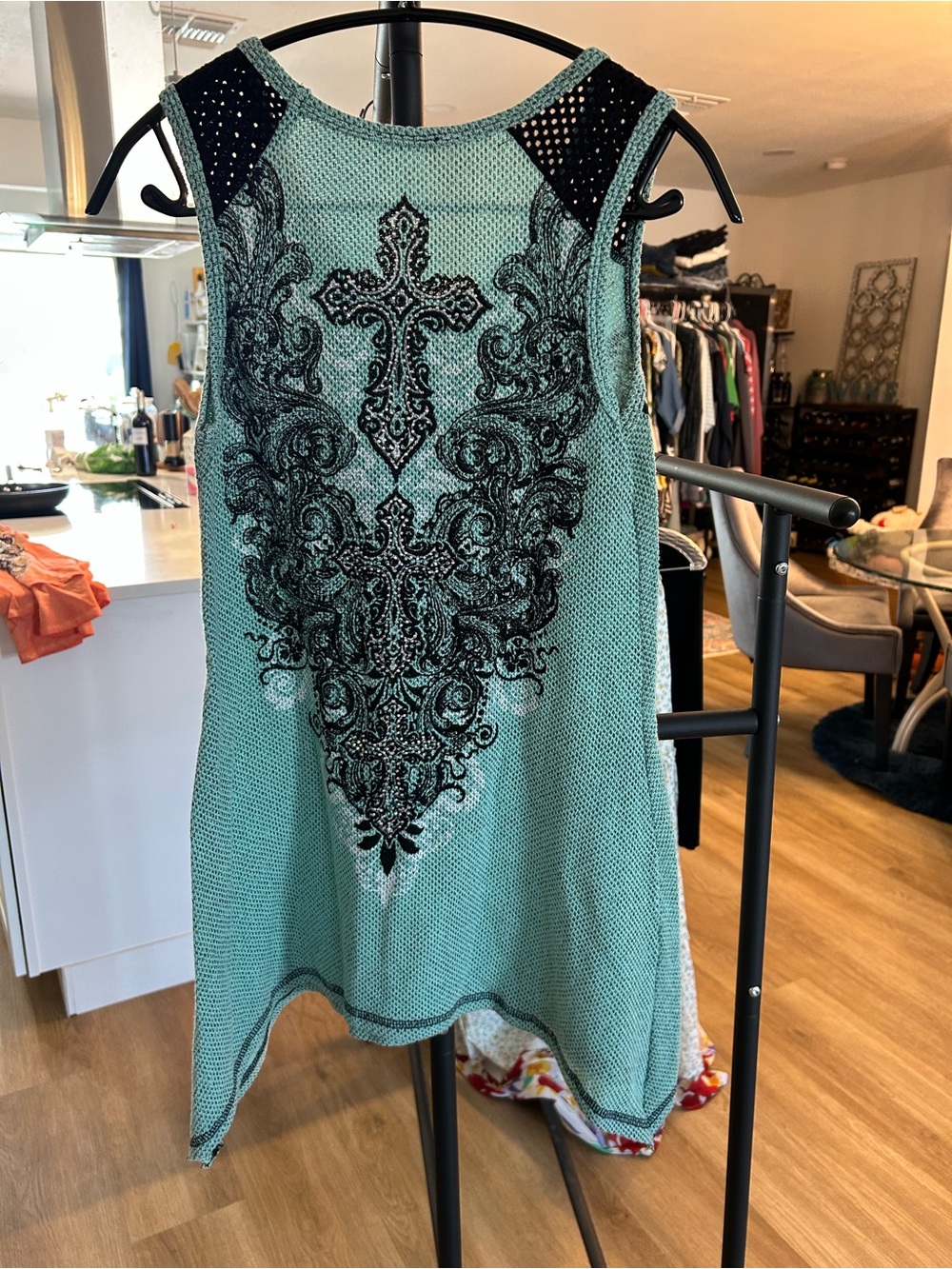 Sleeveless Aqua Mesh Dress with Black Embroidered Cross